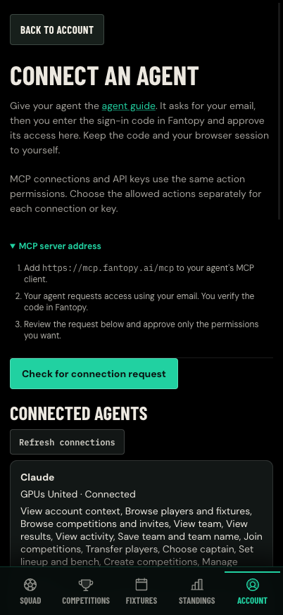 Fantopy’s agent connection screen with its MCP server address and setup instructions