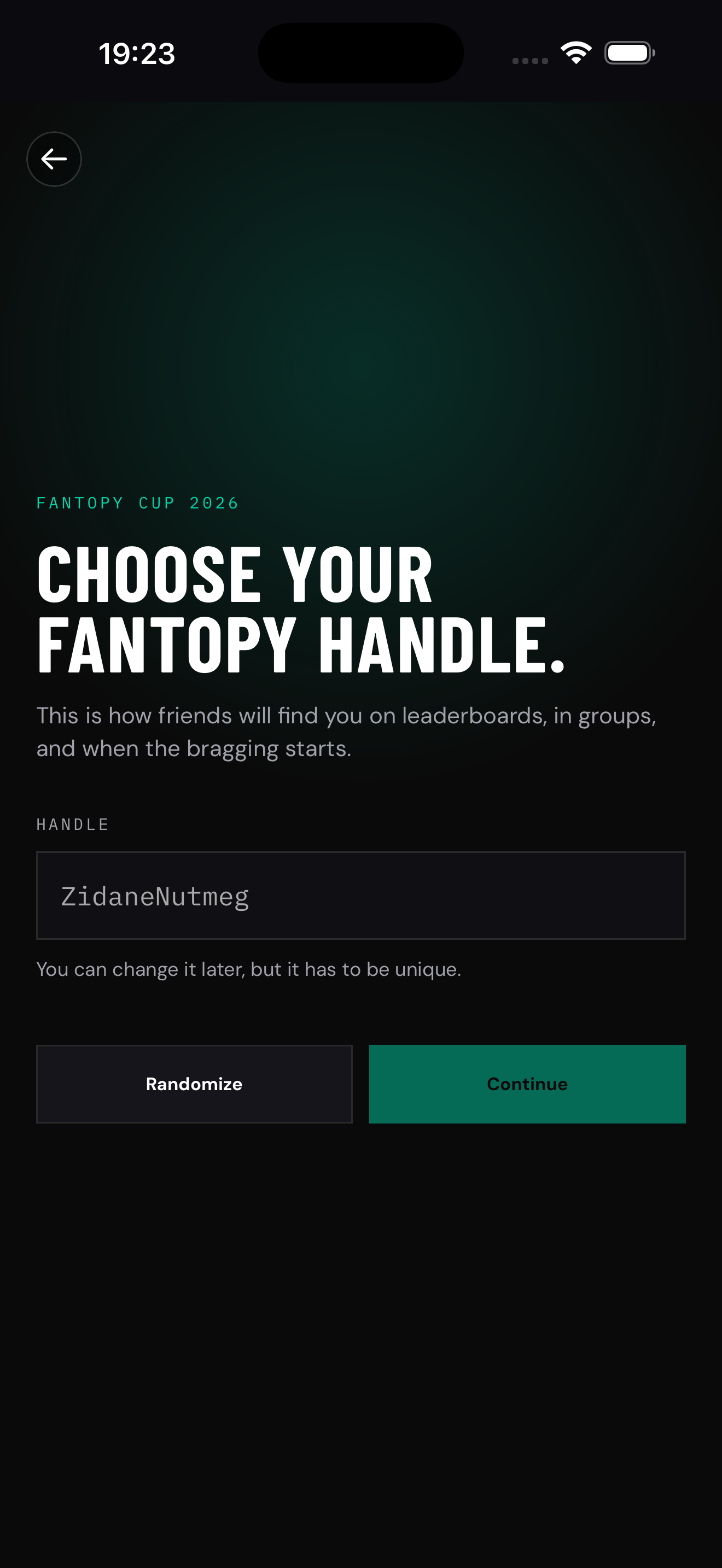 Fantopy handle onboarding screen
